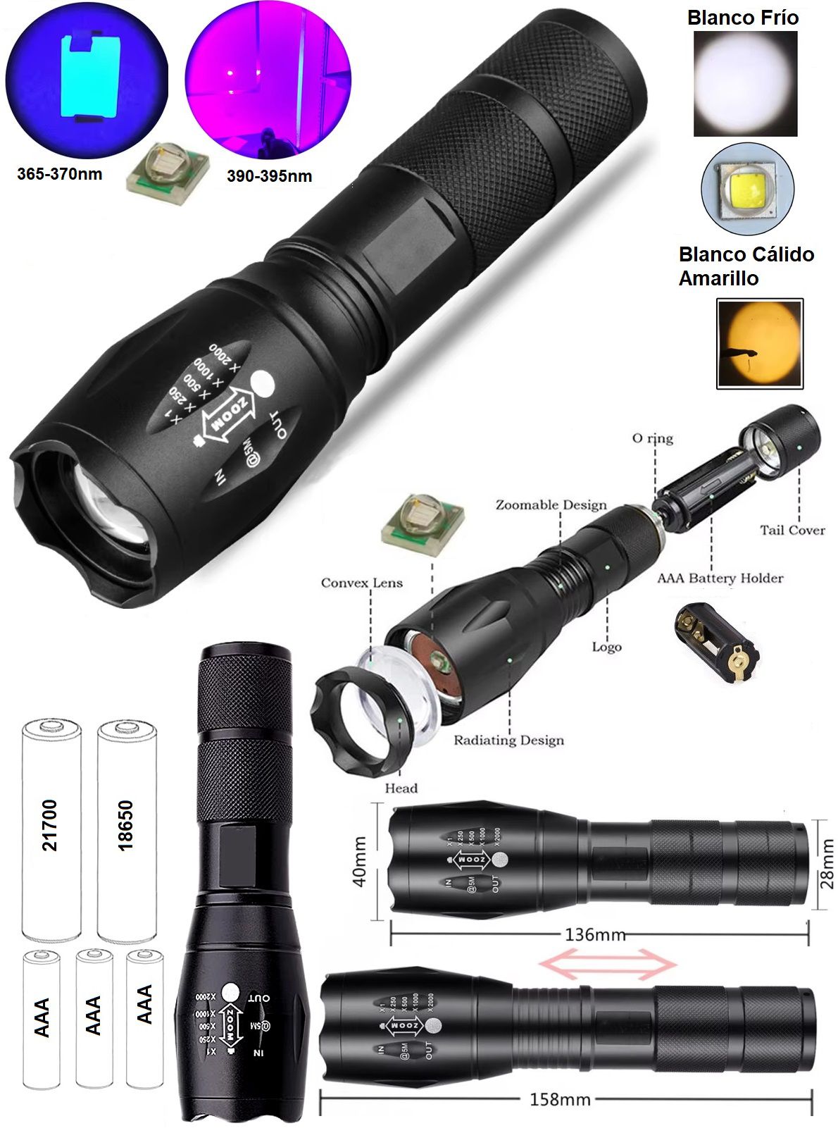 Linternas A100 Zoom colores UV 365-395nm-Amarillo-Calido